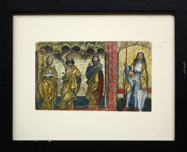 watercolor, Charles Hoffbauer,: Framed watercolor, Gothic Decorations, by Charles Hoffbauer (American. 1875-1957), unsigned, sheet: 4.125''h x 6.875''w, overall: 9.25''h x 11.25''w