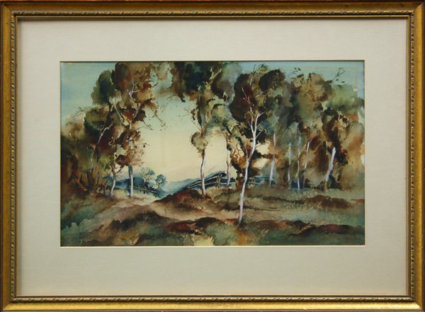 watercolor, Watson Cross, Tree Grove: Framed watercolor, Tree Grove, 1946, by Watson Cross (Californian, 1918-1997), signed ''Watson Cross 46'' lower left, sight: 13.125''h x 21.625''w, overall: 22.25''h x 30.25''w