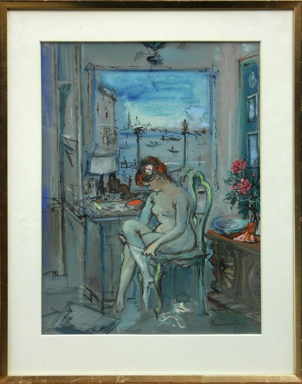 gouache, Bruno Martini, Nudino: Framed gouache on paper, ''Nudino,'' 1966, by Bruno Martini (Swiss/Italian, 1911-1979), signed and dated ''Bruno Martini 66'' lower right, sight: 21.25''h x 15.75''w, overall: 27.5''h x 21.75''w