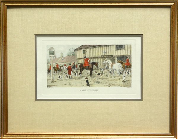 Prints, after George Wright, Horse Racing: (lot of 2) Framed handcolored aquatints, ''A Meet at the Shoes'' and ''The Mail Goes by,'' after George Wright, overall: 16.125''h x 20.5''w