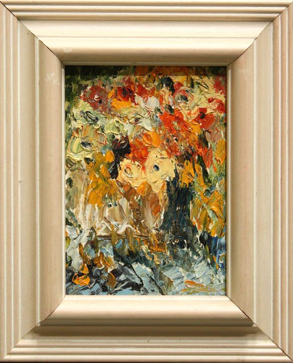 Print and Painting, Breezy the Clown & Abstract: (lot of 2) Framed oil on board, Abstract Still Life with Flowers, unsigned, overall: 10''h x 8.25''w; Framed lithograph, ''Breezy,'' pencil signed ''Leigh'' lower right, titled lower left, overall: 14