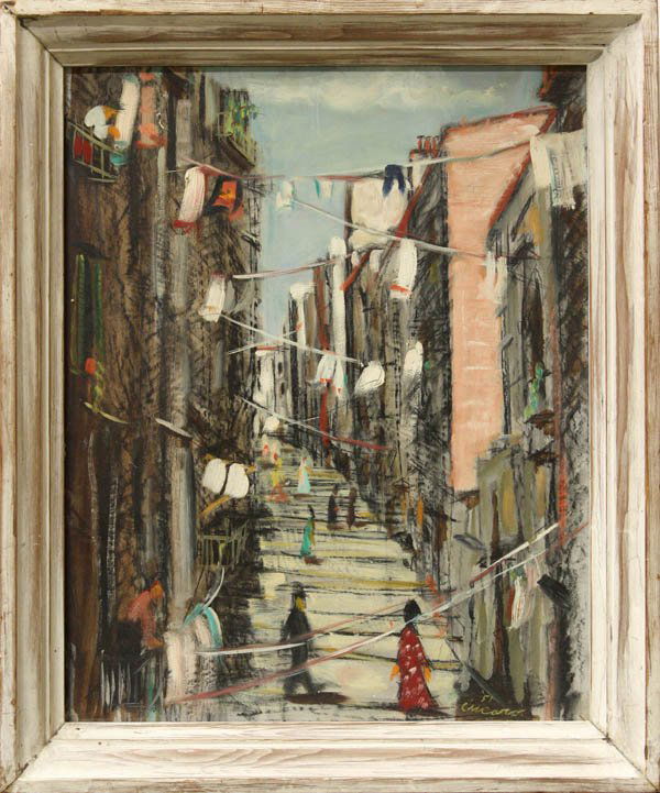 Painting, Pascal Cucaro, Street Scene: Framed oil on masonite, Street Scene Decked with Clothes Lines, 1951, by Pascal Cucaro (Californian, 1915-2004), signed and dated lower right, overall: 23.25''h x 19.25''w