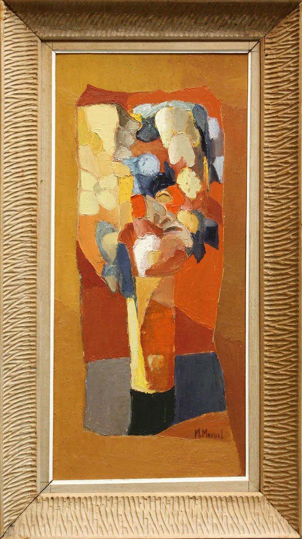 Painting, M. Manuel, Abstract Floral Still Life: Framed oil on board, Abstract Floral Still Life, signed ''M. Manuel'' lower right, overall: 36''h x 20.25''w