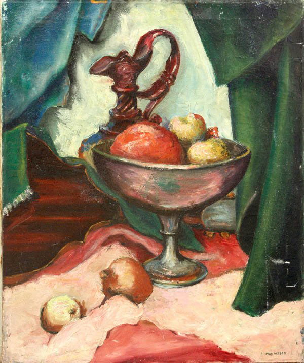 Painting, Still Life, in the manner of Max Weber: Unframed oil on canvas, Still Life with Fruit in Pedestal Bowl,'' in the manner of Max Weber (American, 1881-1961), bears signature ''Max Weber '18'' lower right, inscribed verso, overall: 24''h x 20'