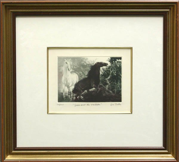 Print, G. H. Rothe, Grace and Stallions: Framed mezzotint engraving, ''Grace and the Stallion,'' by G. H. Rothe (Californian, 1935 - 2007), signed in pencil ''G. H. Rothe'' lower right, edition 118/150, overall: 20''h x 22''w