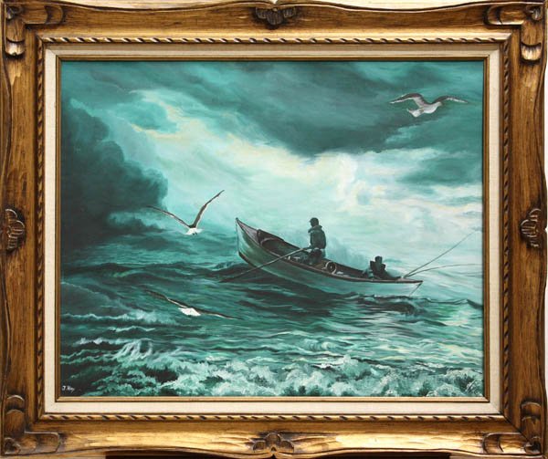 Painting, J. Hay, Fisherman at Sea: Framed acrylic on canvas, Fisherman at Sea, signed ''J. Hay'' lower left, 20th Century, overall: 22''h x 28''w