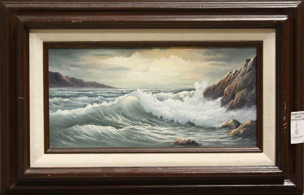 Painting, Breaking Wave: Framed oil on canvas, Breaking Wave, signed indistinctly lower right, Contemporary, overall: 11''h x 17''w