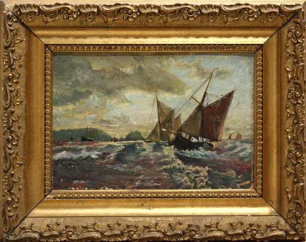 Painting, W. Bastiacht, Boats in Storm: Framed oil on board, Boats Weathering a Storm, signed indistinctly ''W. Bastiacht 1911'', possibly Dutch, overall: 15.25''h x 19.375''w