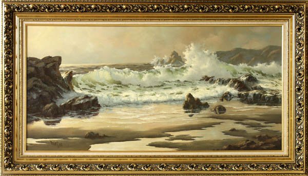 Painting, Robert Wee, Seascape: Framed oil on masonite, California Seascape, by Robert Wee (Californian, b.1927), signed ''Robert Wee'' lower left, sight: 24''h x 48''w, overall: 32''h x 55''w