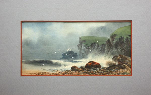 Watercolor, style of Thomas Moran, Shoreline: Unframed watercolor, Shoreline, in the manner of Thomas Moran (Californian, 1837-1926), signed ''T. Moran'' lower right, overall: 13.25''h x 20.75''w