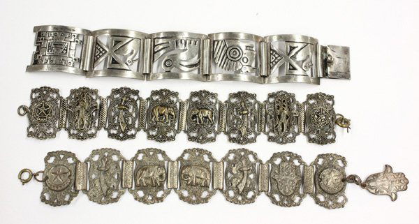 Grouping of jewelry: Grouping of silver, hardstone and mother of pearl inset jewelry including 5 link bracelets, 3 bangles, 1 pair earrings