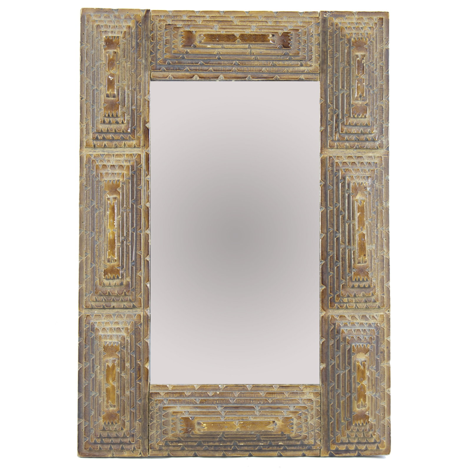 A Tramp art chipped wood framed mirrorplate: A Tramp art chipped wood framed mirrorplate 16.5"h x 11.5"w