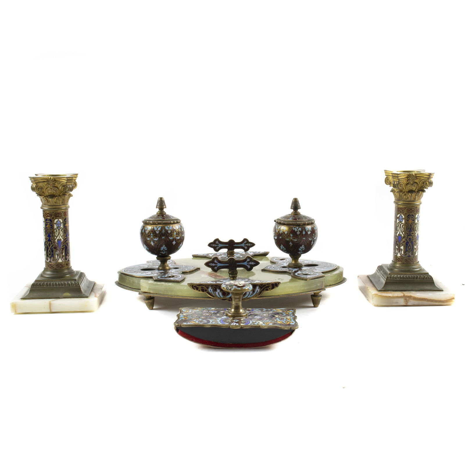 (lot of 4) French champleve enamel decorated desk set (1 of 3)