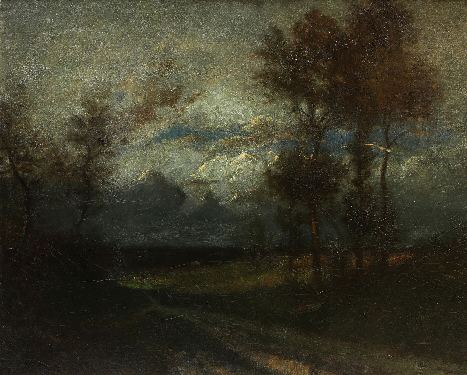 Painting, Jules Dupre: Jules Dupre (French, 1811-1889), "Le Crepuscule," oil on canvas, signed lower right, artist title label affixed stretcher bar verso, auction label (American Art Association, New York, NY) affixed vers