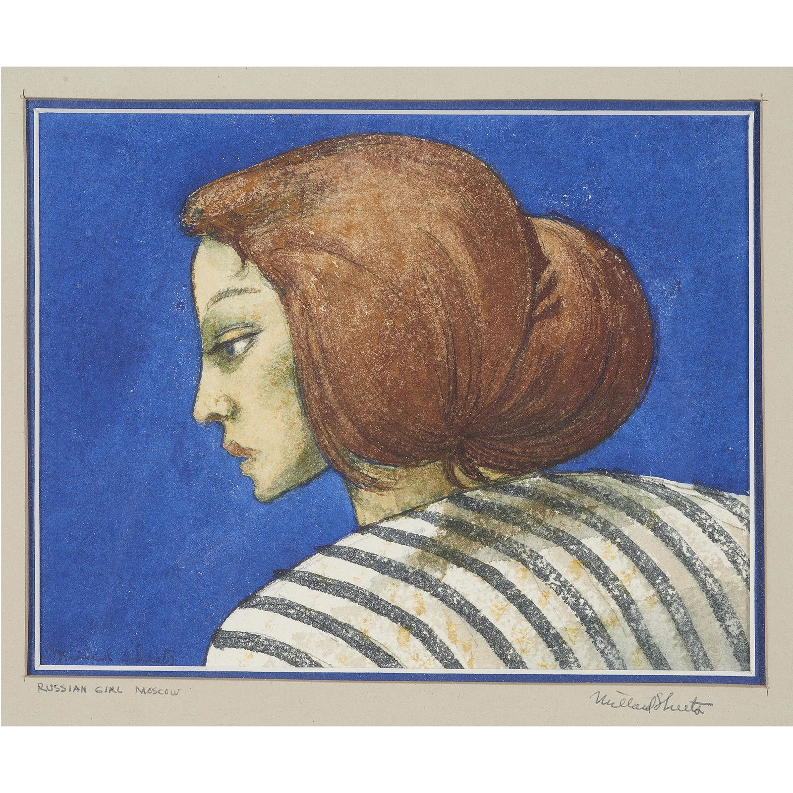 Watercolor, Millard Sheets: Millard Sheets (American, 1907-1989), "Russian Girl-Moscow," watercolor on paper, signed lower right on mat, titled lower left on mat, sight: 5.5"h x 7"w, overall (with frame): 18.75"h x 16.75"w