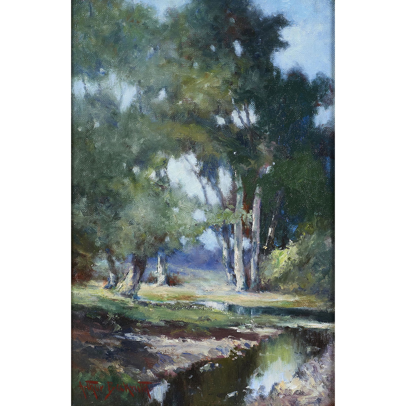 Painting, Arthur Beckwith: Arthur Beckwith (American, 1860-1930), Untitled (Creekside), oil on canvas, signed lower left, canvas: 18.5"h x 12"w, overall (with frame): 23.5"h x 17.5"w. Provenance: Private Collection (Orinda, CA)