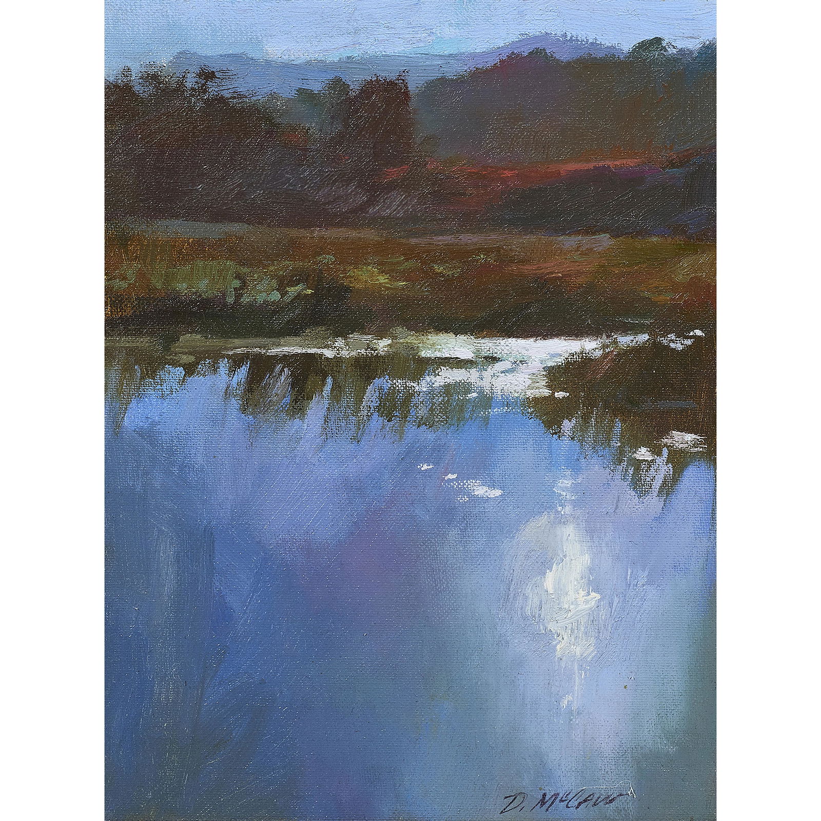 Painting, Dan McCaw: Dan McCaw (American, b. 1942), Lake Reflection, oil on canvas board, signed lower right, sight: 12"h x 8.5"w, overall (with frame): 16"h x 13"w