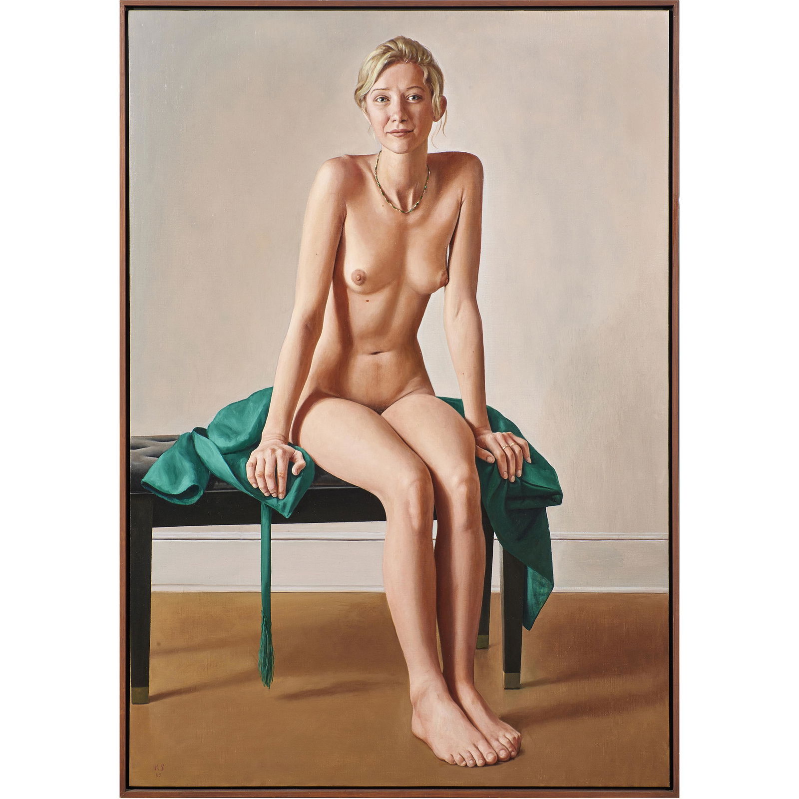 Painting, Ron Schwerin: Ron Schwerin (American, b. 1940), "Seated Nude on a Piano Bench," 1997, oil on canvas, initialed and dated lower left, signed verso, canvas: 51.75"h x 36"w, overall (with frame): 53.25"h x 37.5"w. Pro