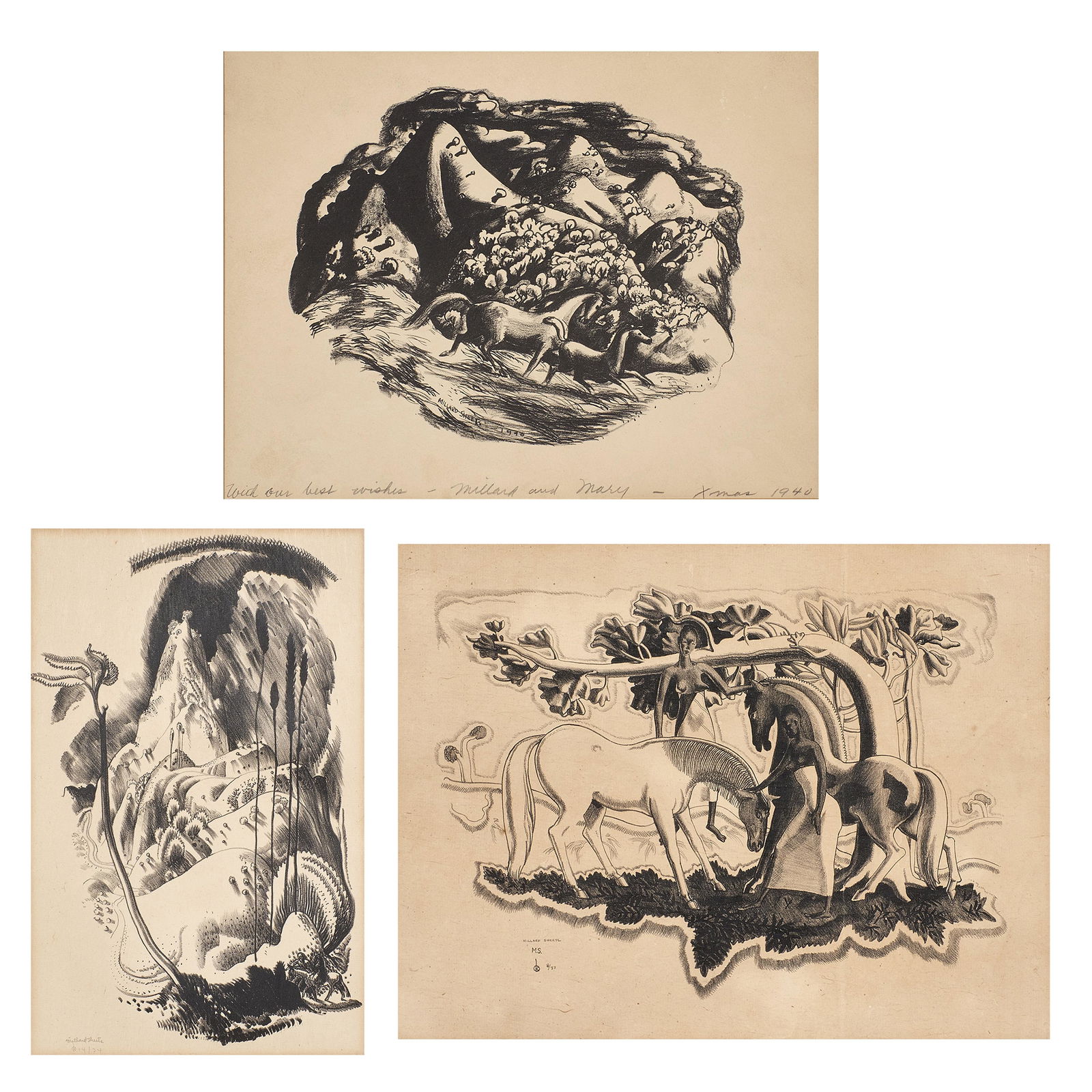 Prints, Millard Sheets: (lot of 3) Millard Sheets (American, 1907-1989), Running Horses, 1940, "Pinto," 1938, edition 8/32, and "Flight into Egypt," edition 14/34, lithographs, each pencil signed or initialed, two are dedica