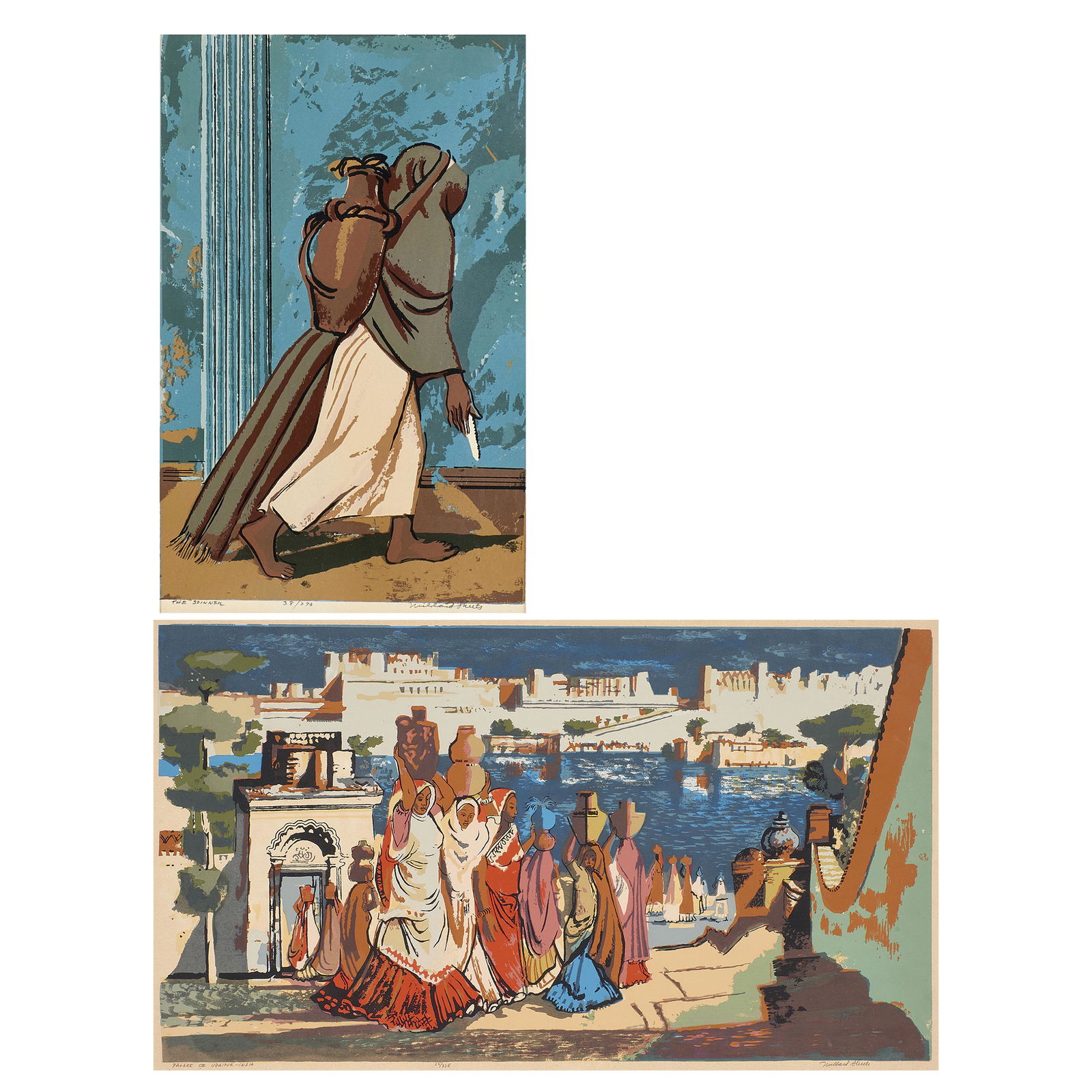 Prints, Millard Sheets: (lot of 2) Millard Sheets (American, 1907-1989), "The Spinner" and " Palace of Udaipur, India," screenprints, each pencil signed lower right, each titled lower left, editions 38/270 and 25/325, images