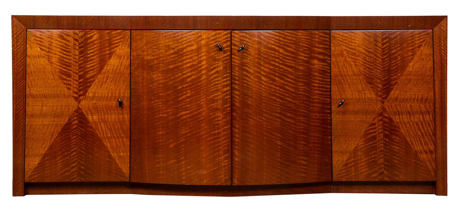 A highly figured four door marquetry decorated buffet: A highly figured four door marquetry decorated buffet, having a bow front with black bullet form pulls, 32"h x 78"w x 22"d