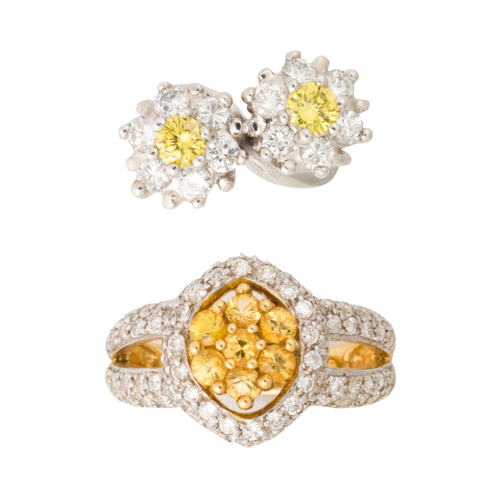 A group of yellow diamond and gold rings: A group of yellow diamond and gold rings including a round brilliant-cut yellow diamond and diamond cluster and fourteen karat white gold ring; an open form round brilliant-cut yellow diamond cluster 