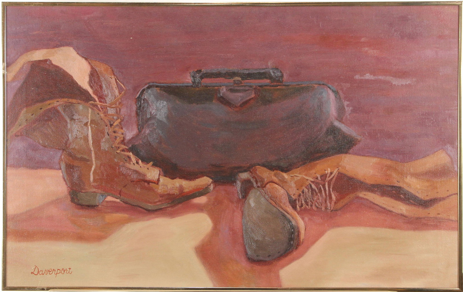 Painting, Jill Davenport: Jill Davenport (American, 20th Century), "Boots and Doctor Bag," oil on canvas, signed lower left, titled verso, overall (with frame): 20.25"h x 32.25"w