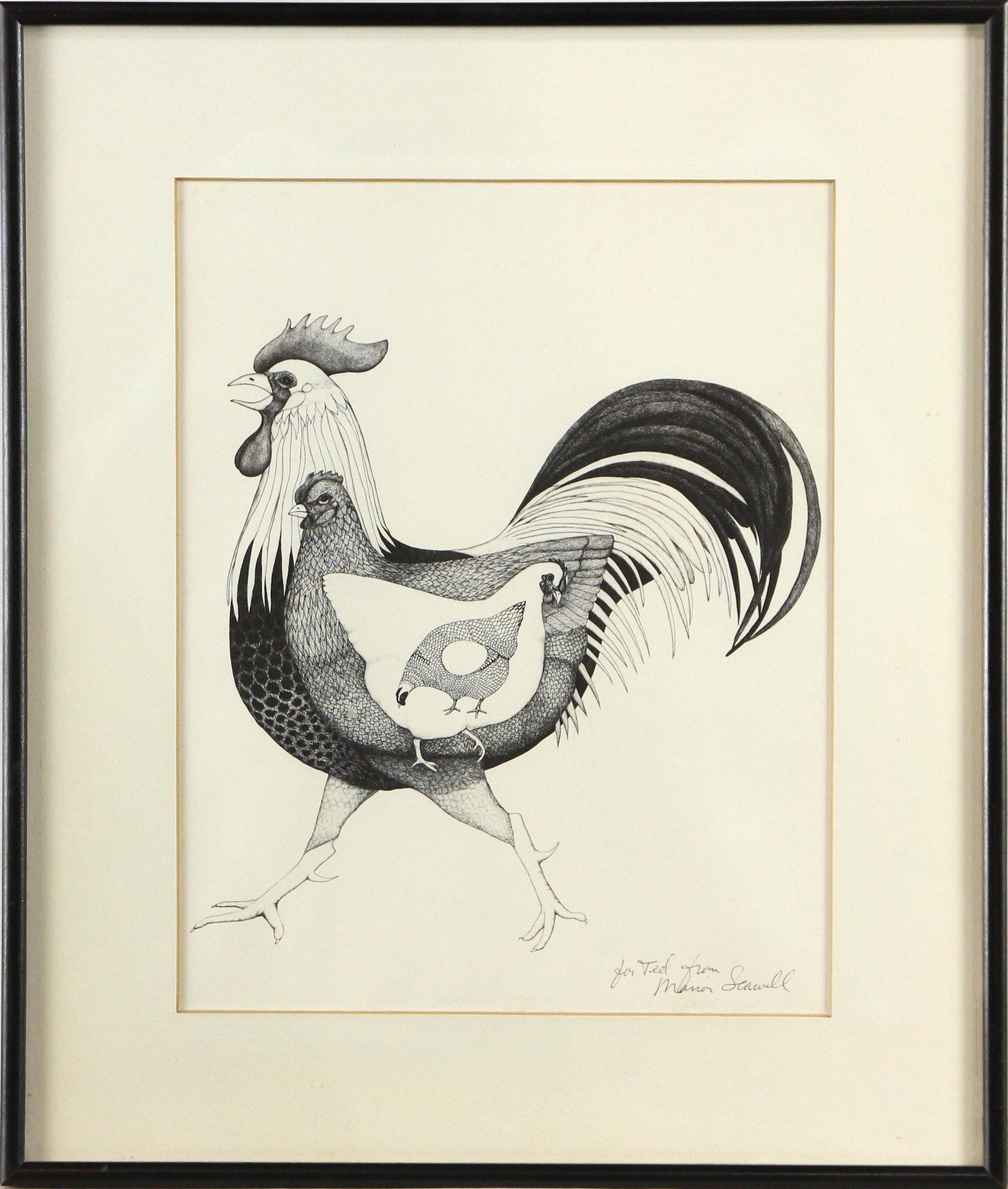 Work on Paper, Marion Seawell: Marion Seawell (American, 20th century), Nesting Roosters, ink on paper, signed and dedicated "To Ted" lower right, overall (with frame): 15"h x 12.5"w