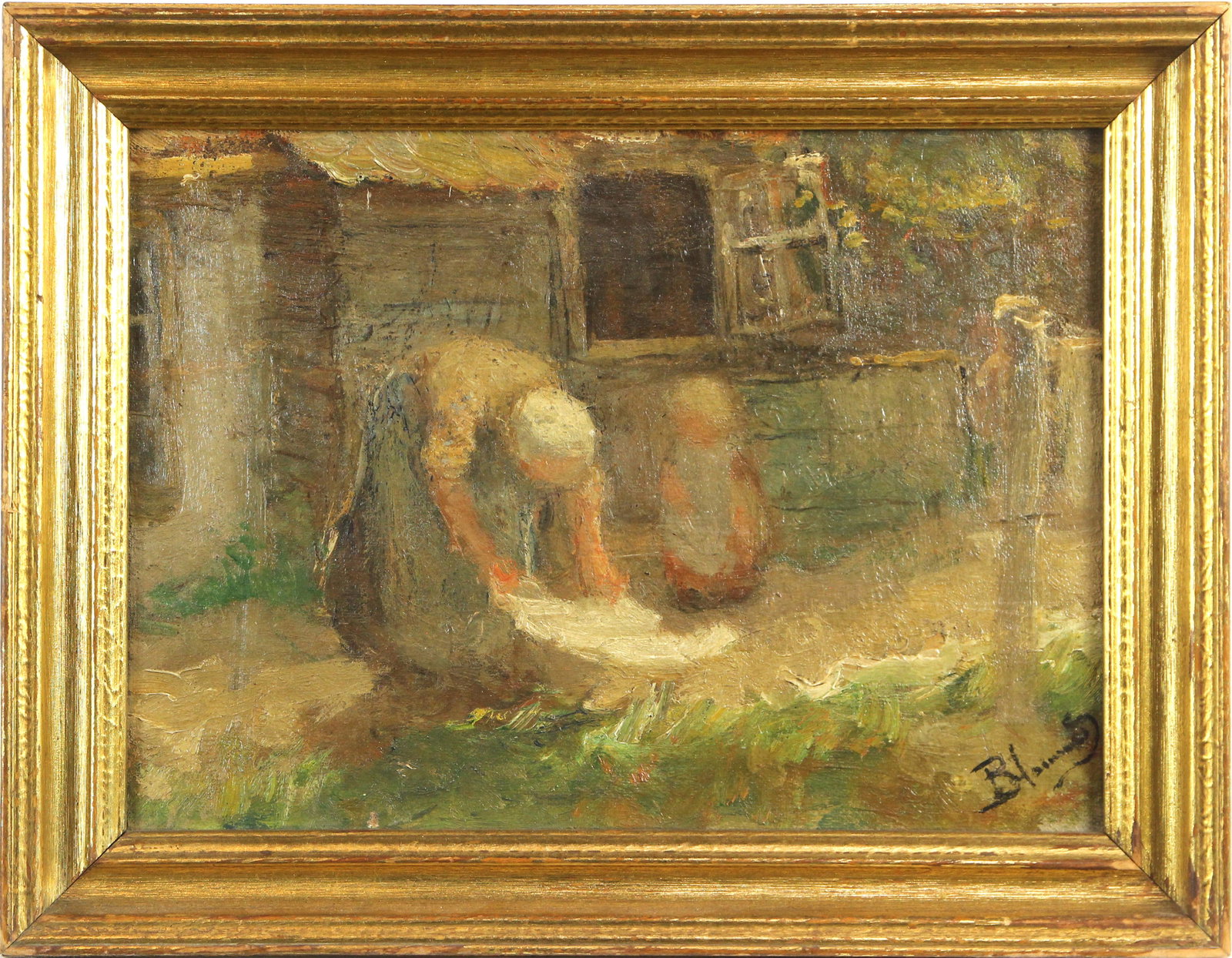 Painting, Tending the Garden: Continental School (19th century), Tending the Garden, oil on canvas, signed indistinctly lower right, gallery label (Geisler Brothers Art Dealer, Pittsburgh, PA) affixed verso, overall (with frame): 