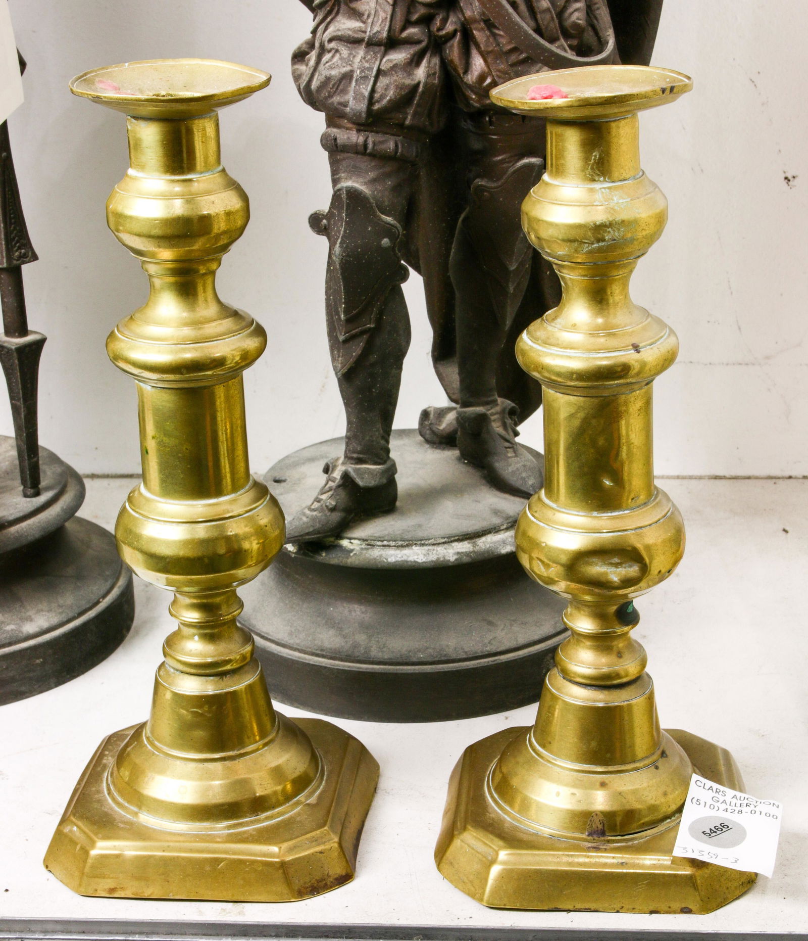 Pair baluster form brass candlesticks on square bases, (1 of 1)