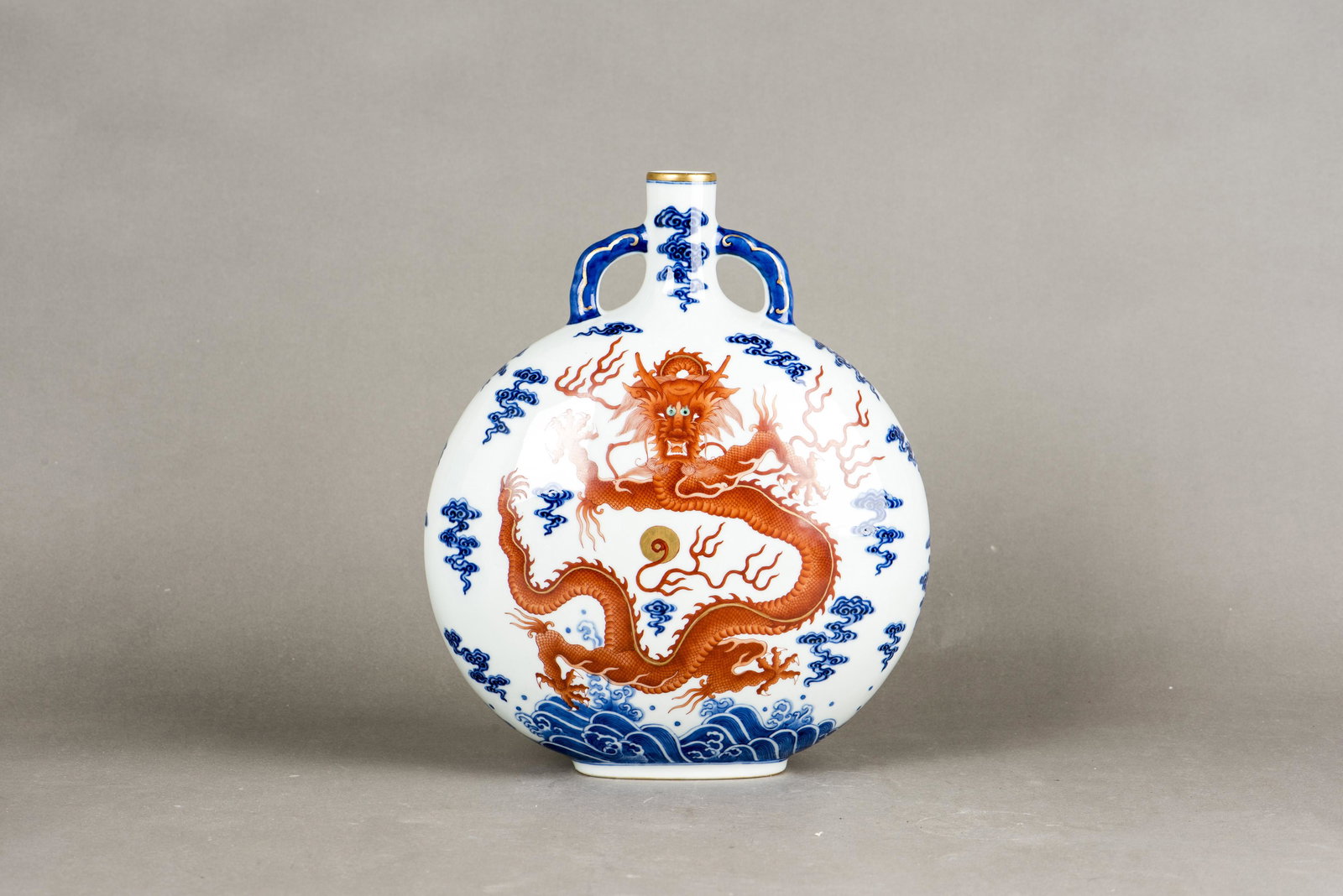 Chinese blue and white moon flask dragon vase: Chinese blue and white moon flask dragon vase, 11.5"h.