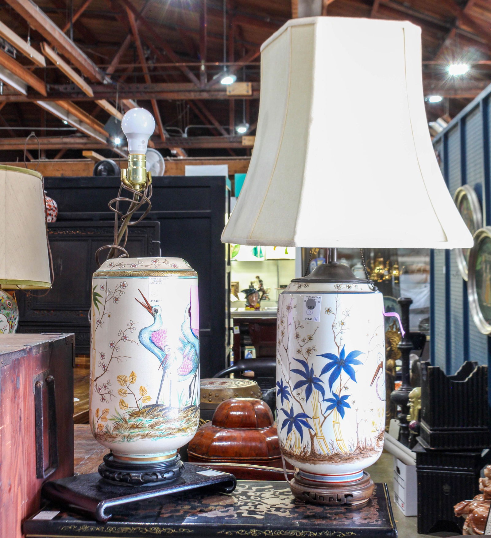 (2) Chinoiserie painted cylindrical ceramic lamps (1 of 1)