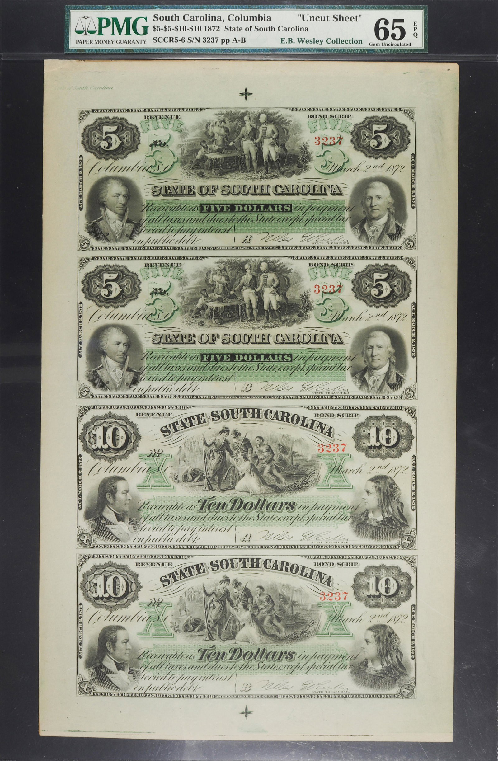 1872 South Carolina currency sheet 2 -$5 and 2-$10,: 1872 South Carolina currency sheet 2 -$5 and 2-$10, PMG-EPQ65