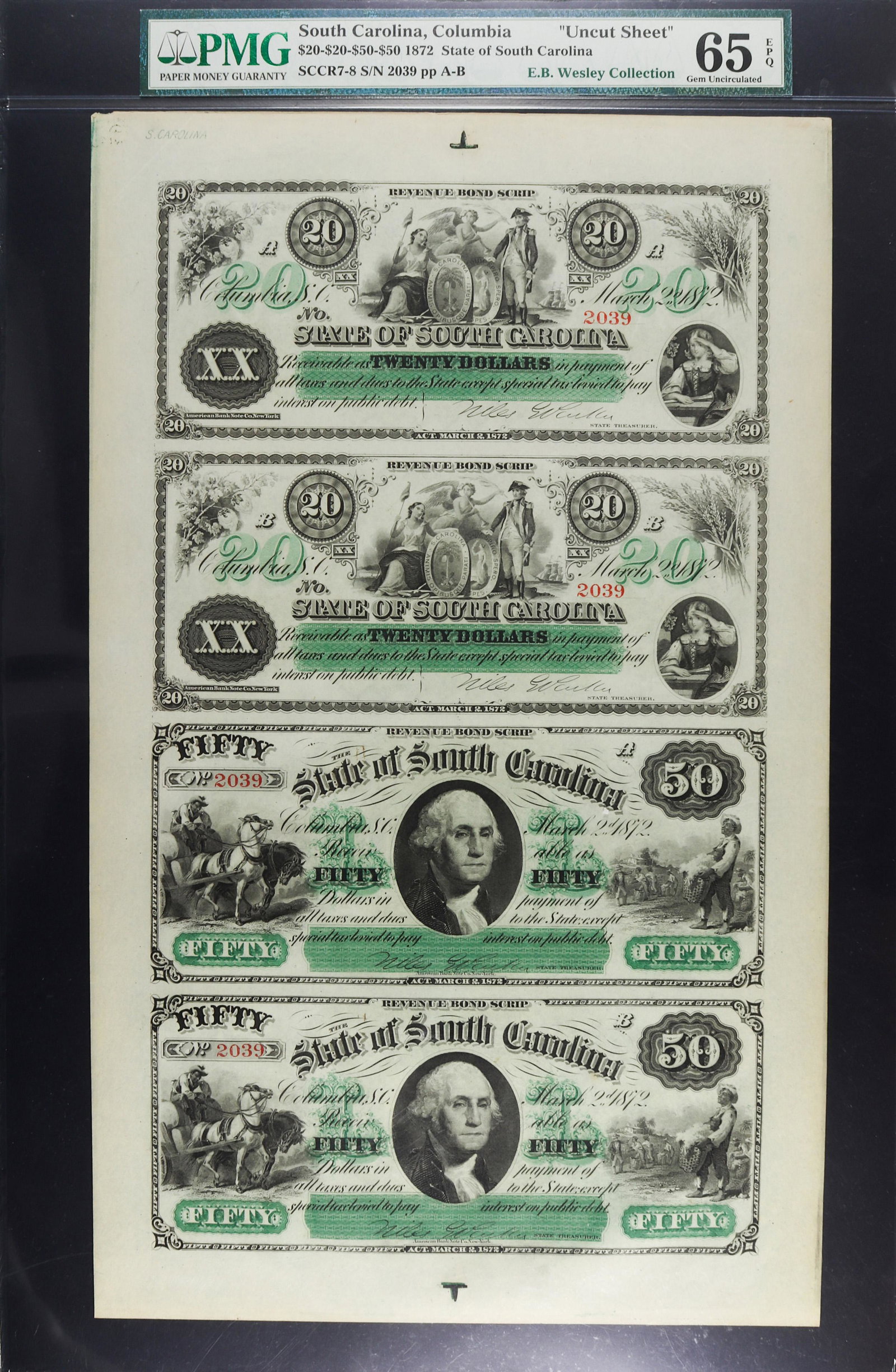 1872 South Carolina currency sheet 2 -$20 and 2-$50,: 1872 South Carolina currency sheet 2 -$20 and 2-$50, PMG-65EPQ