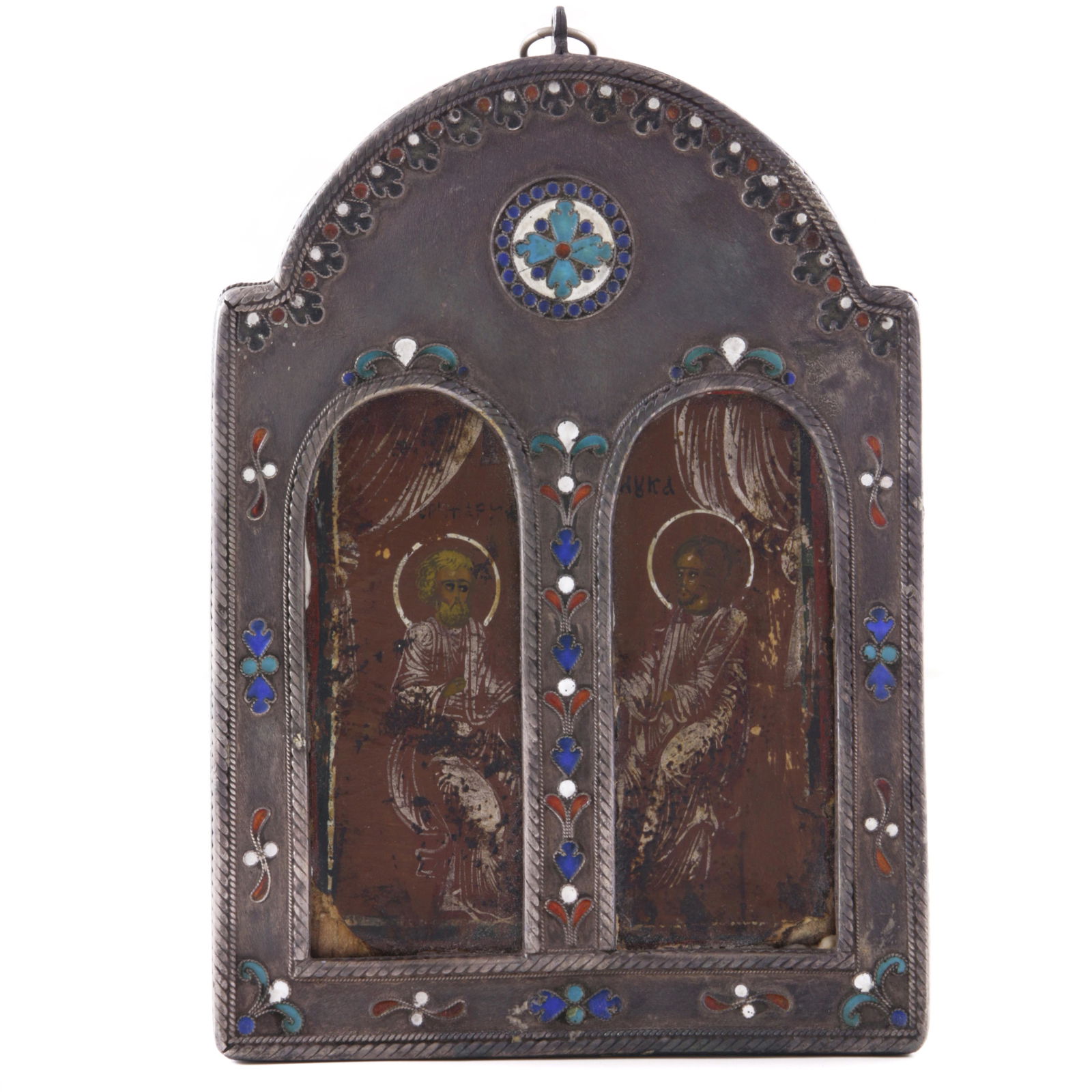 A Russian champleve enamel silver plate icon with two (1 of 3)