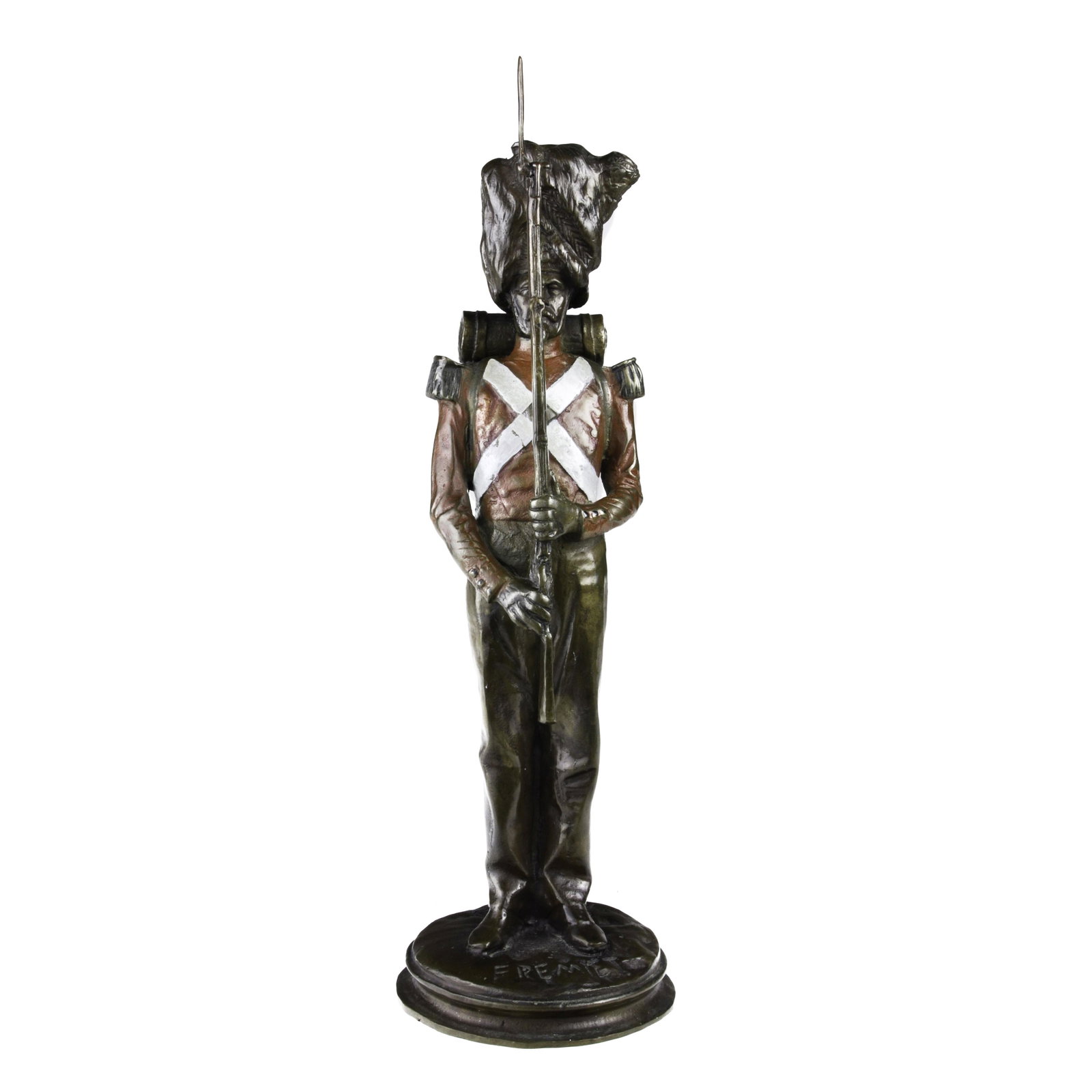 Fremiet bronze soldier Barbedienne Fondeur: After Emmanuel Fremiet (French 1824-1910) Cold painted bronze figure of a soldier inscribed "Fremiet" and "Barbedienne Fondeur" 12"h