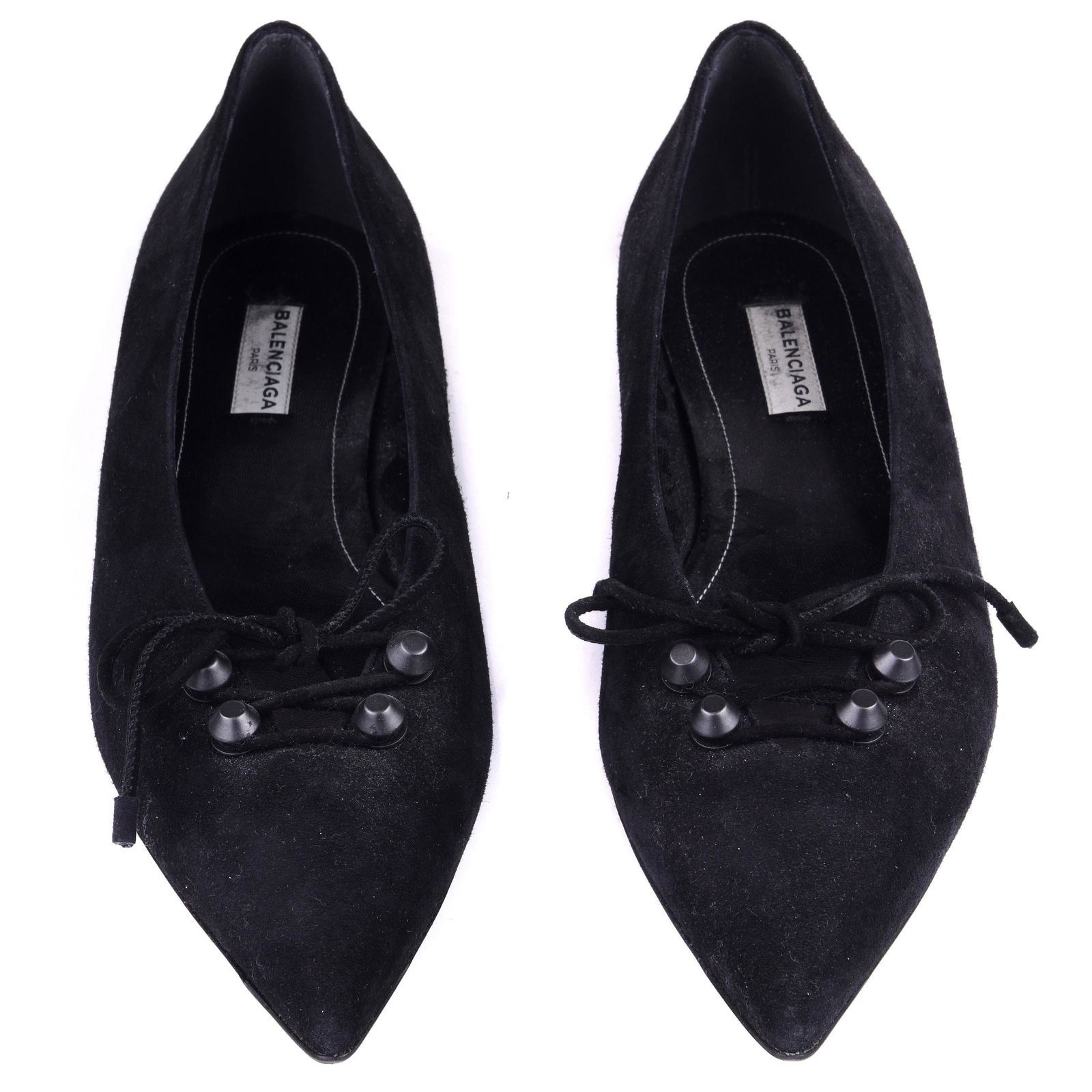 Balenciaga Scarpa Cuoio Black suede ballet flats, size: Balenciaga Scarpa Cuoio Black suede ballet flats, size 10B, the shoes accented with gun metal studs at the pointed toe, with original box and dust bag, Lightly worn