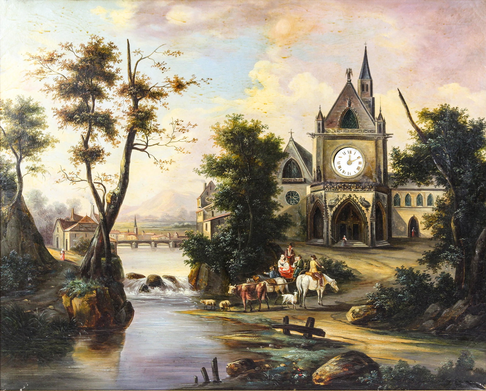 Continental oil on canvas Swiss music box: Continental oil on canvas Swiss music box, "Peasants at a stream", the Swiss movement #13388 Musique de Geneve having six airs, set within a bucolic landscape, overall 33"h x 40"w