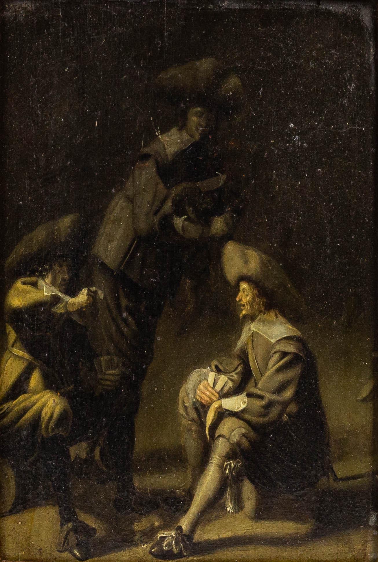 Painting, Circle of Frans Hals: Circle of Frans Hals (Dutch, 1580-1666), "La Partie de Cartes," oil on panel, partial label with title affixed and Bundesdenkmalamt stamp (November 3, 1926 Austria's Federal Monuments office) affixed