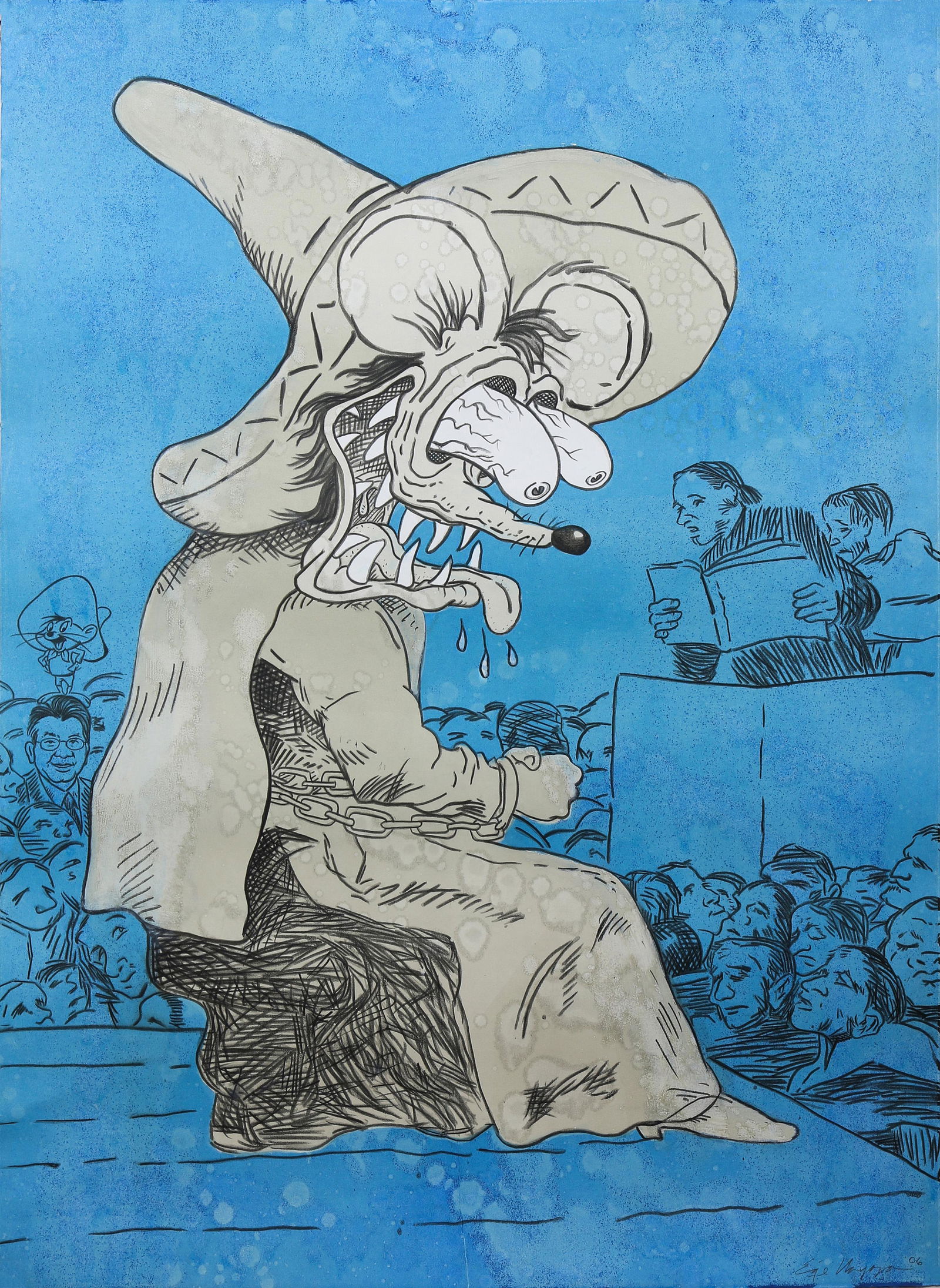 Print, Enrique Chagoya: Enrique Chagoya (American/Mexican, b. 1953), We the Jury, 2006, mixed media monoprint, pencil signed and dated lower right, sheet (unframed): 47.5"h x 35"w