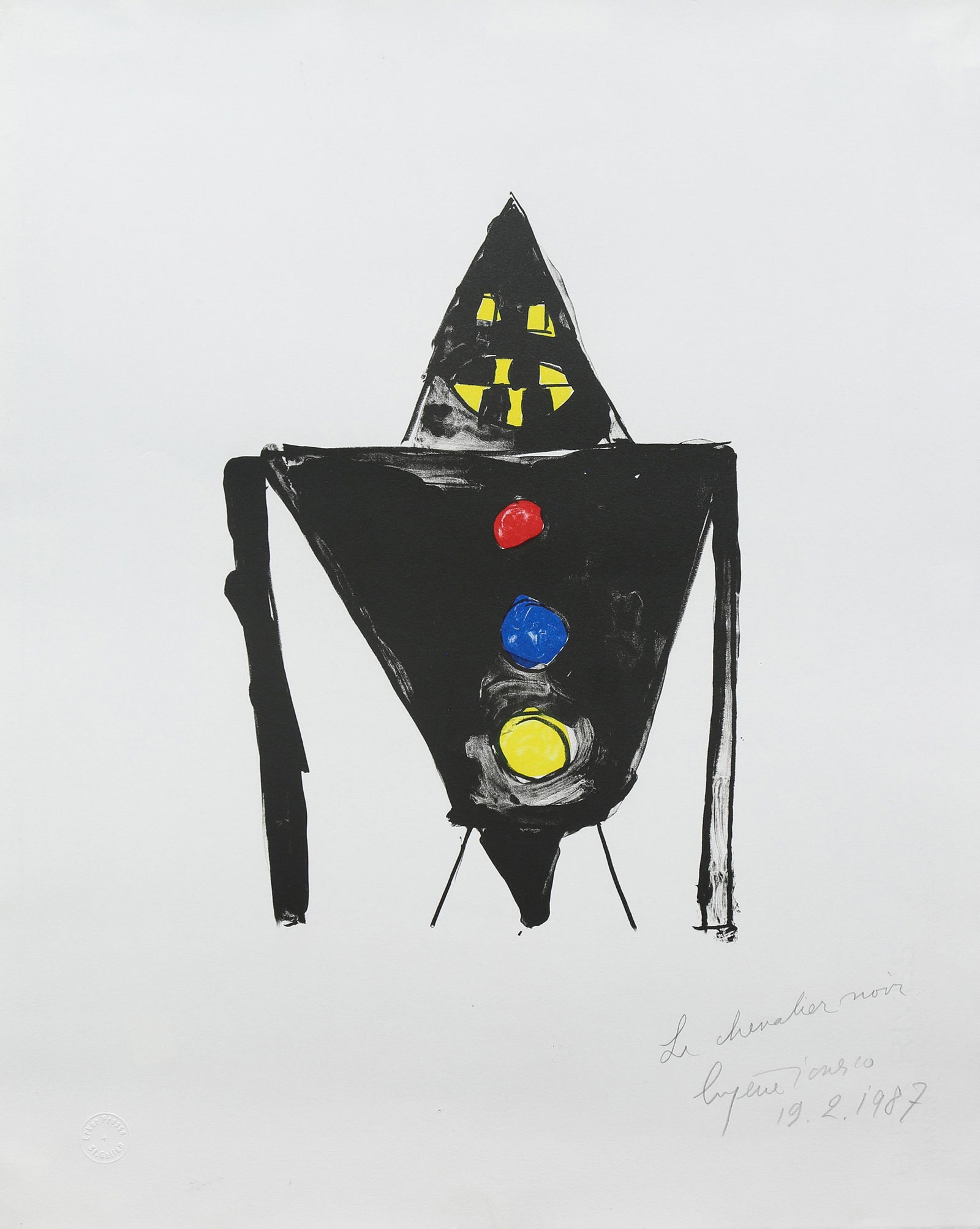 Print, Eugene Ionesco: Eugene Ionesco (French, 1912-1994), "Le Chevalier Noir," 1987, lithograph in colors, pencil signed, titled, and dated lower right, "Erker Press, St. Gallen" chop mark lower left, sheet: 20"h x 16"w