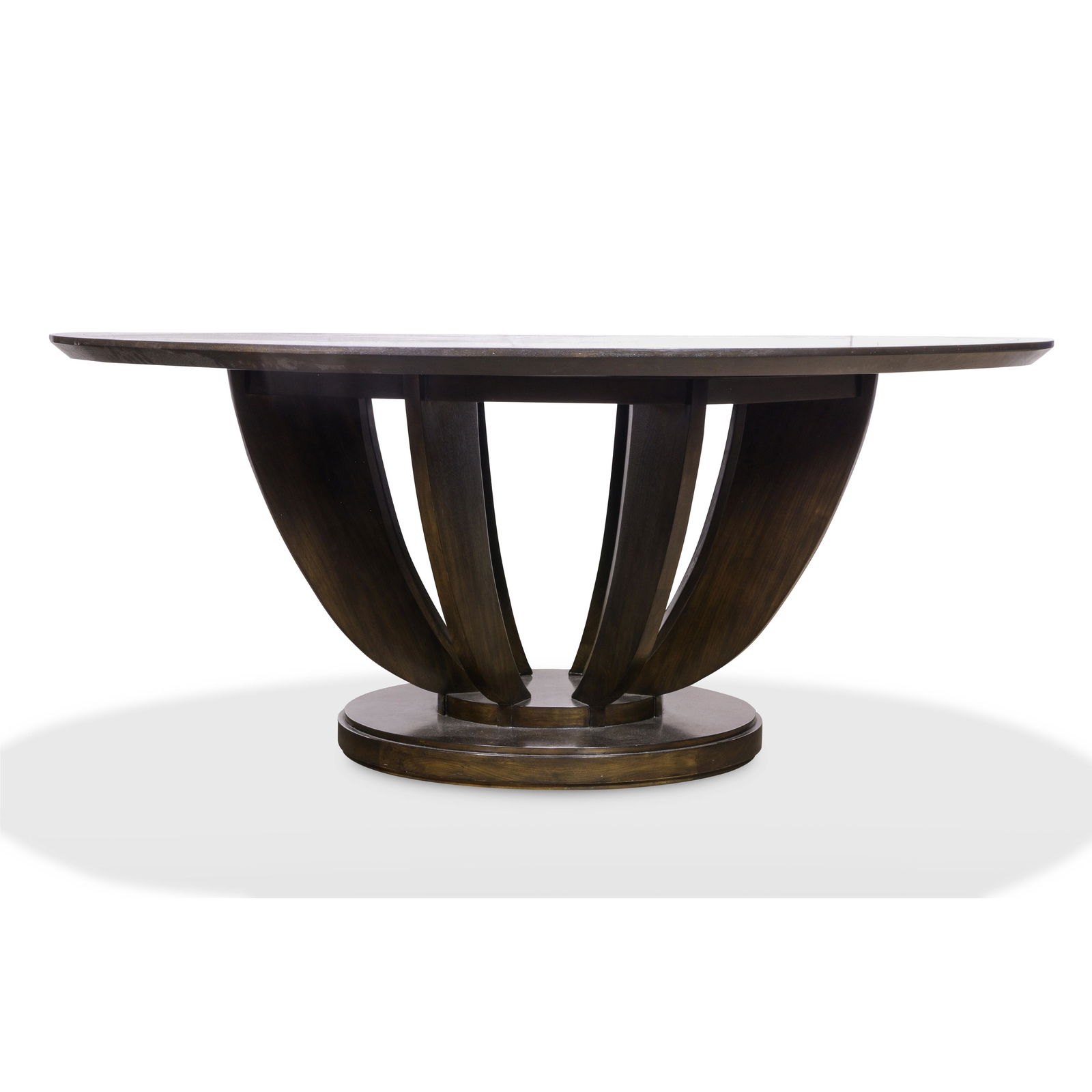 An Orlando Diaz Azcuy "Aria" dining table: An Orlando Diaz Azcuy "Aria" dining table, having a circular top, above inswept legs conjoined by a circular base, 29"h x 68"dia.