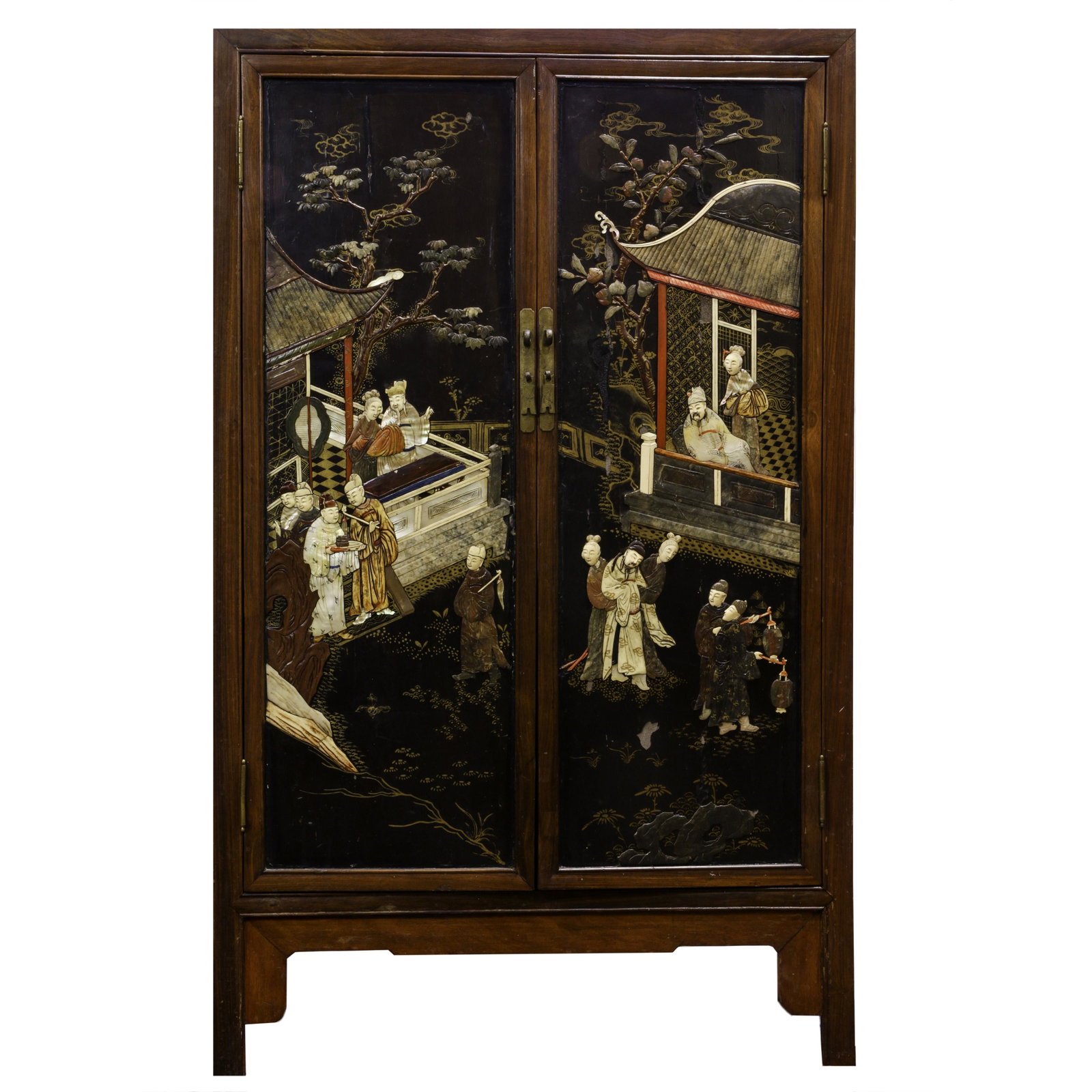 Chinese inlay decorated and lacquered hardwood cabinet: Chinese inlay decorated and lacquered hardwood cabinet, the pair of doors decorated with various inlay materials to depict figures in a garden, the sides featuring various birds and flowers, 49" h. x 