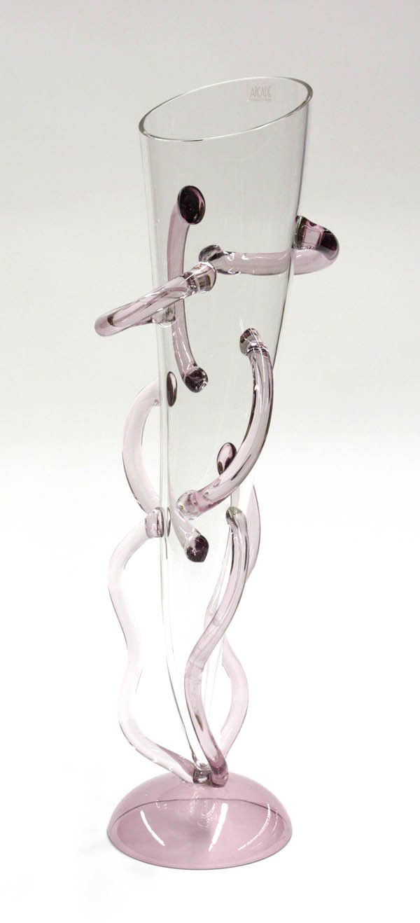 Marcello Panza for Arcade Italian art glass: Marcello Panza for Arcade Italian art glass, a violet, conically formed vessel with applied lobes throughout the exterior, on a rounded circular base, artist signed, 23.5''h