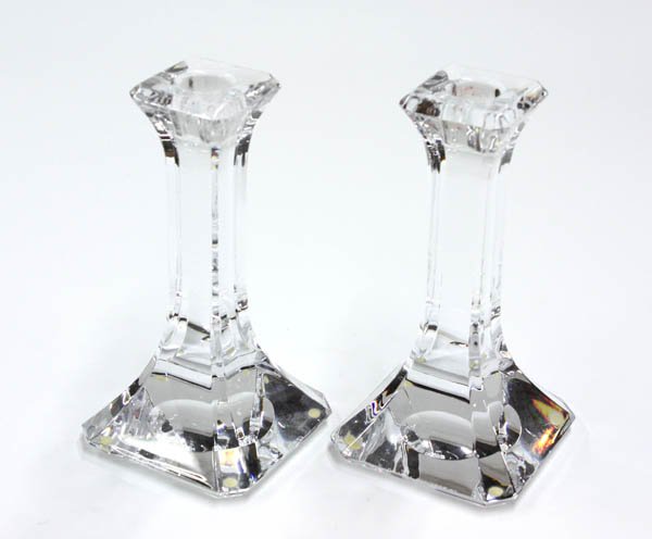 Orrefors crystal candle holders: Pair of Orrefors crystal candle holders having a reversed tapered base, signed at base, 7.5''h