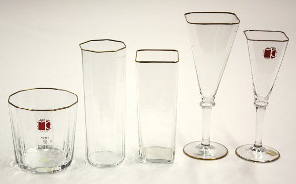 Carlo Moretti Murano art glass stemware: (lot of 40) Carlo Moretti Murano art glass stemware having gilt rims, consisting of six square tapering wines 8'', six cordials 7'', six octagonal waters 6.75'', six square waters 6'', and six octagon