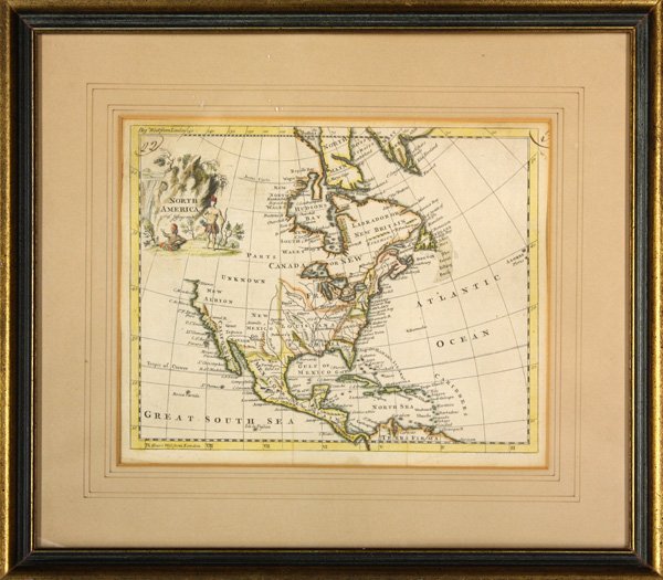 Framed colored map of North America,: Framed colored 17th/18th century map of North America, detailed map showing eastern seaboard extending to the Caribbean, the western U.S being largely uncharted with Mendocino Bay being the last north