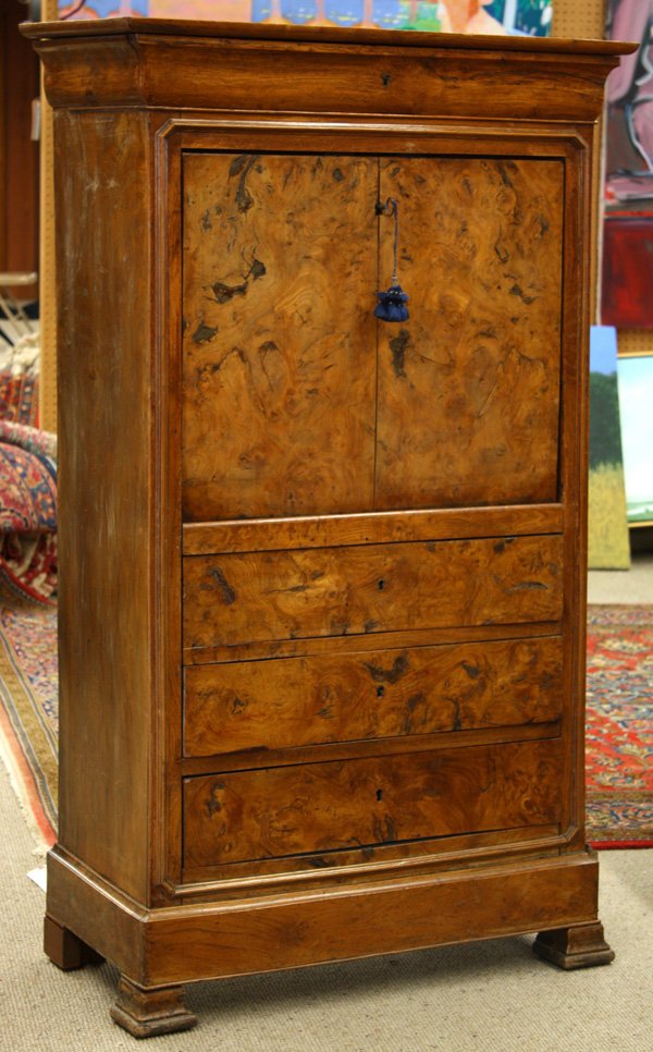 Biedermeier walnut secretaire a abbatant: Biedermeier walnut secretaire a abbatant, circa 1850, the black marble top above a single ogee drawer, the fall front revealing a fitted interior with original gilt leather embossed writing surface ov