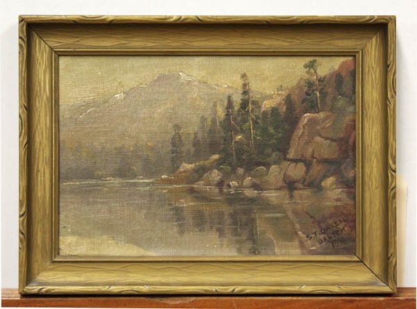 Painting, Sidney Tilden Daken, Rubicon Point: Framed oil on canvas, ''Sketch of Rubicon Point with mount Tallac in Distance,'' 1914, by Sidney Tilden Daken (California, 1876-1935), signed and dated ''S.T. Daken 1914'' lower right, titled, dated, 