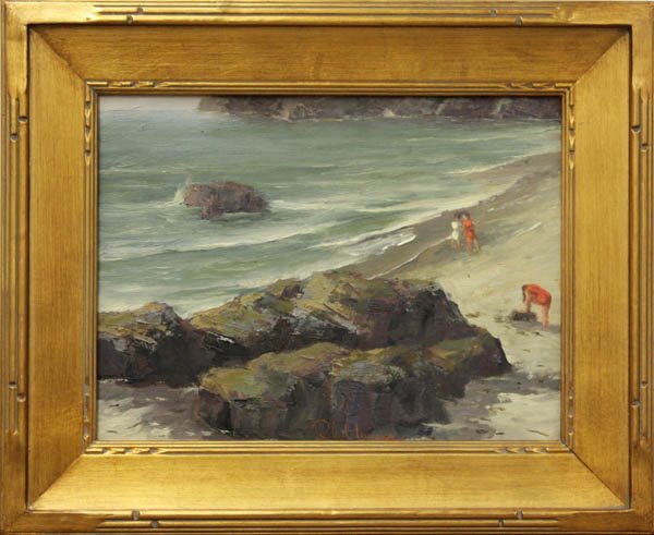 Painting, Robert Wagner, Summers End Laguna Beach: Framed oil on canvas, ''Summers End-Laguna Beach,'' by Robert Wagner, signed ''Robert Wagner'' lower center, titled and signed verso, sight: 11.5''h x 15.5''w, overall: 17.75''h x 21.75''w